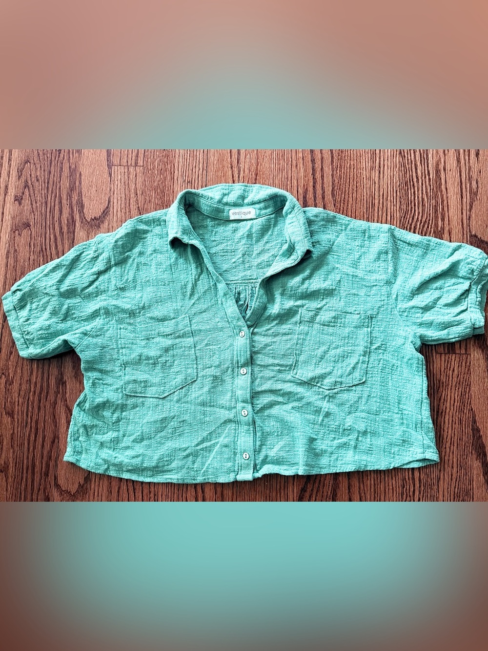 Vestique Women’s L Mint Green 100% Cotton Woven Collared Crop Top